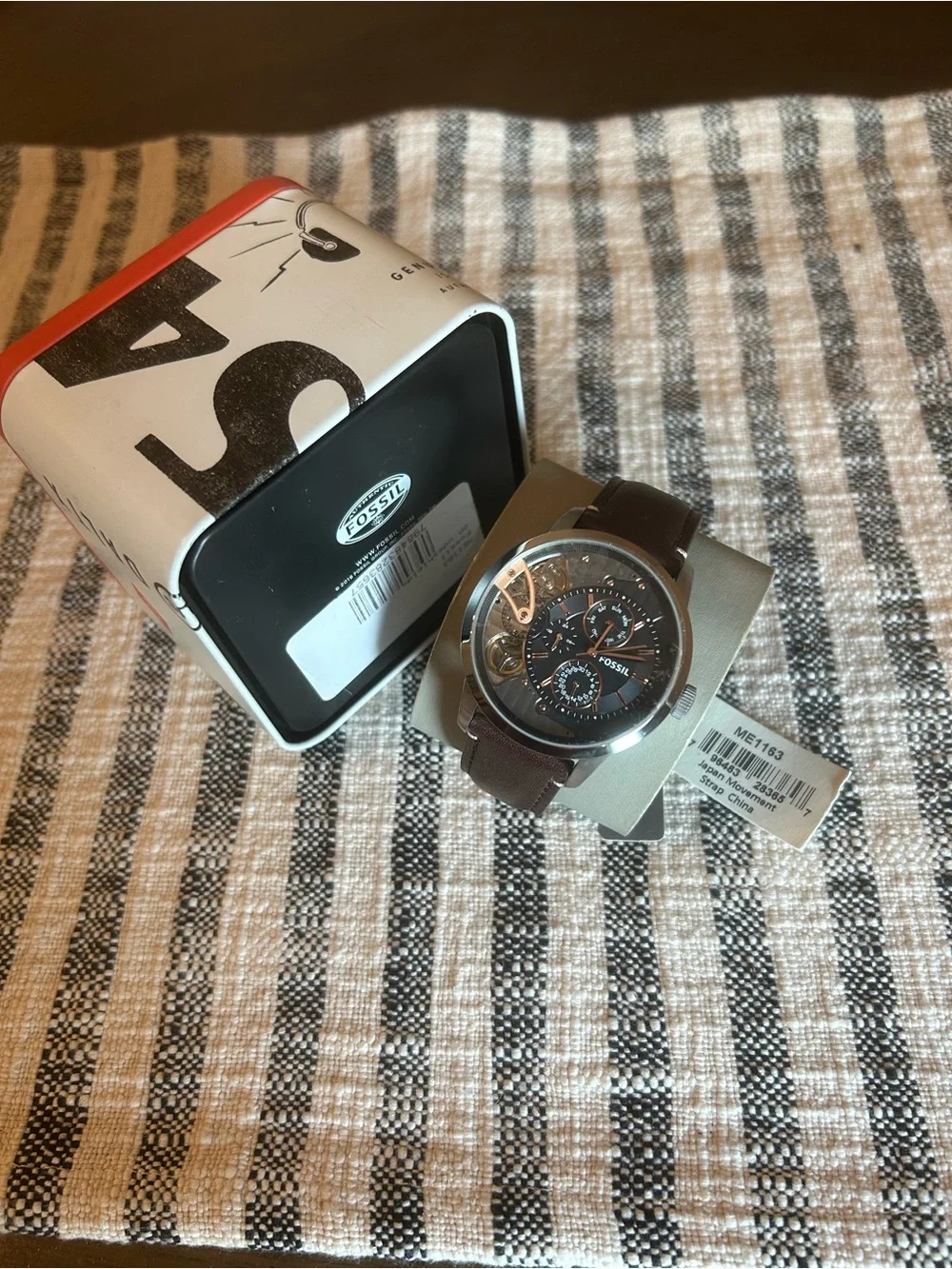 Fossil Men's Brown Leather Strap Watch with Black Dial and Silver Case